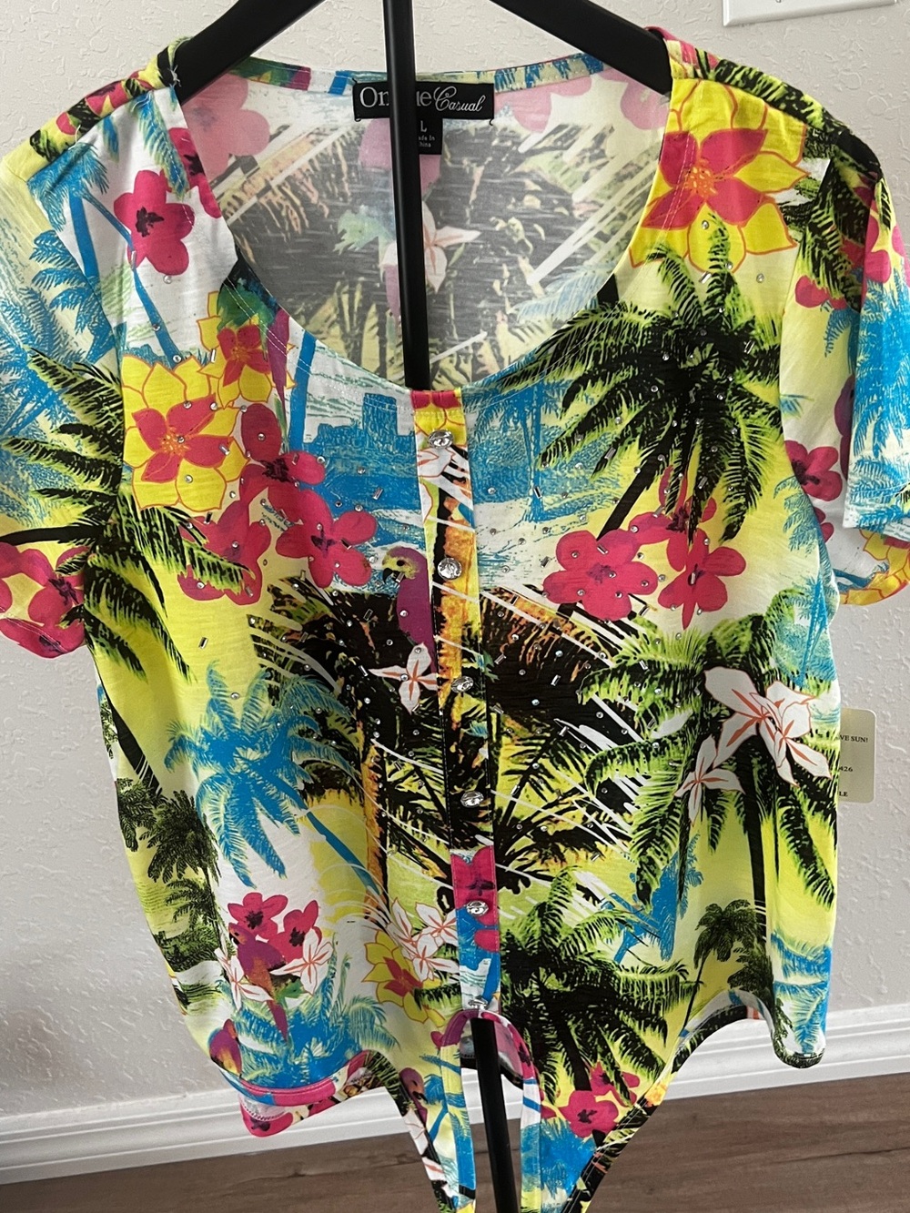 Onque CasualTropical Floral Button Front Top - Yellow Multi Crystal Buttons